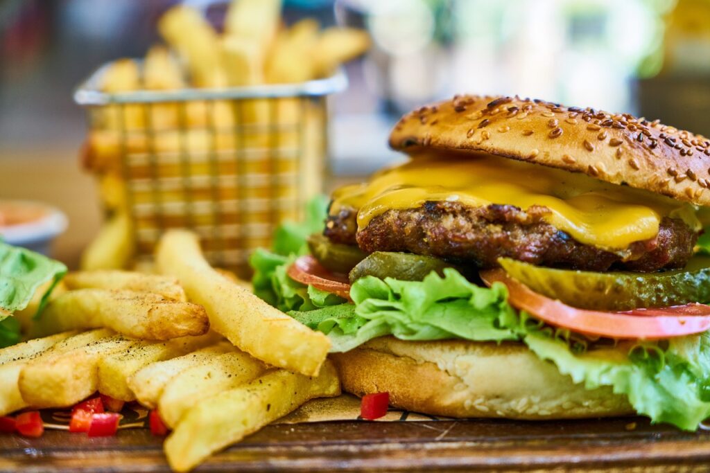 burger, meat, potatoes