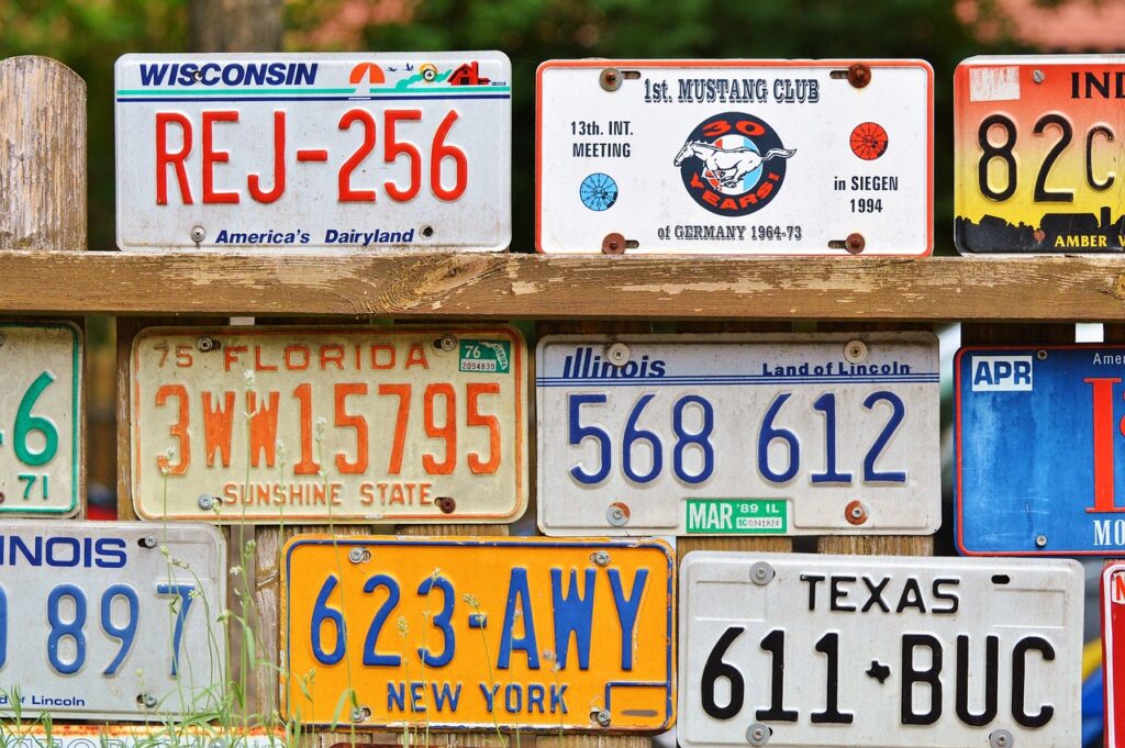 license plate, car shield, american number plates