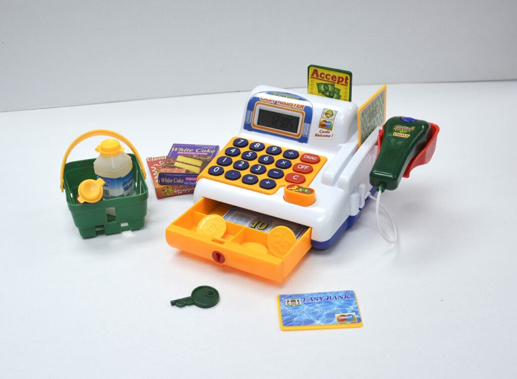 toy cash register, cashier, kids cash register